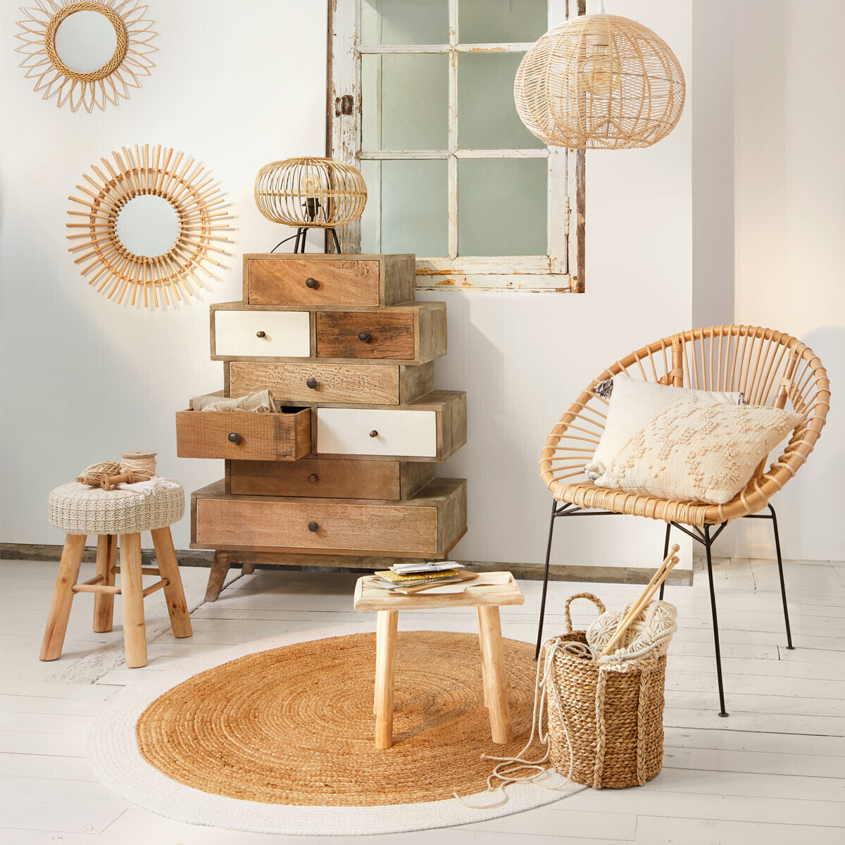 Round rug, jute with white edge White, D.120 cm