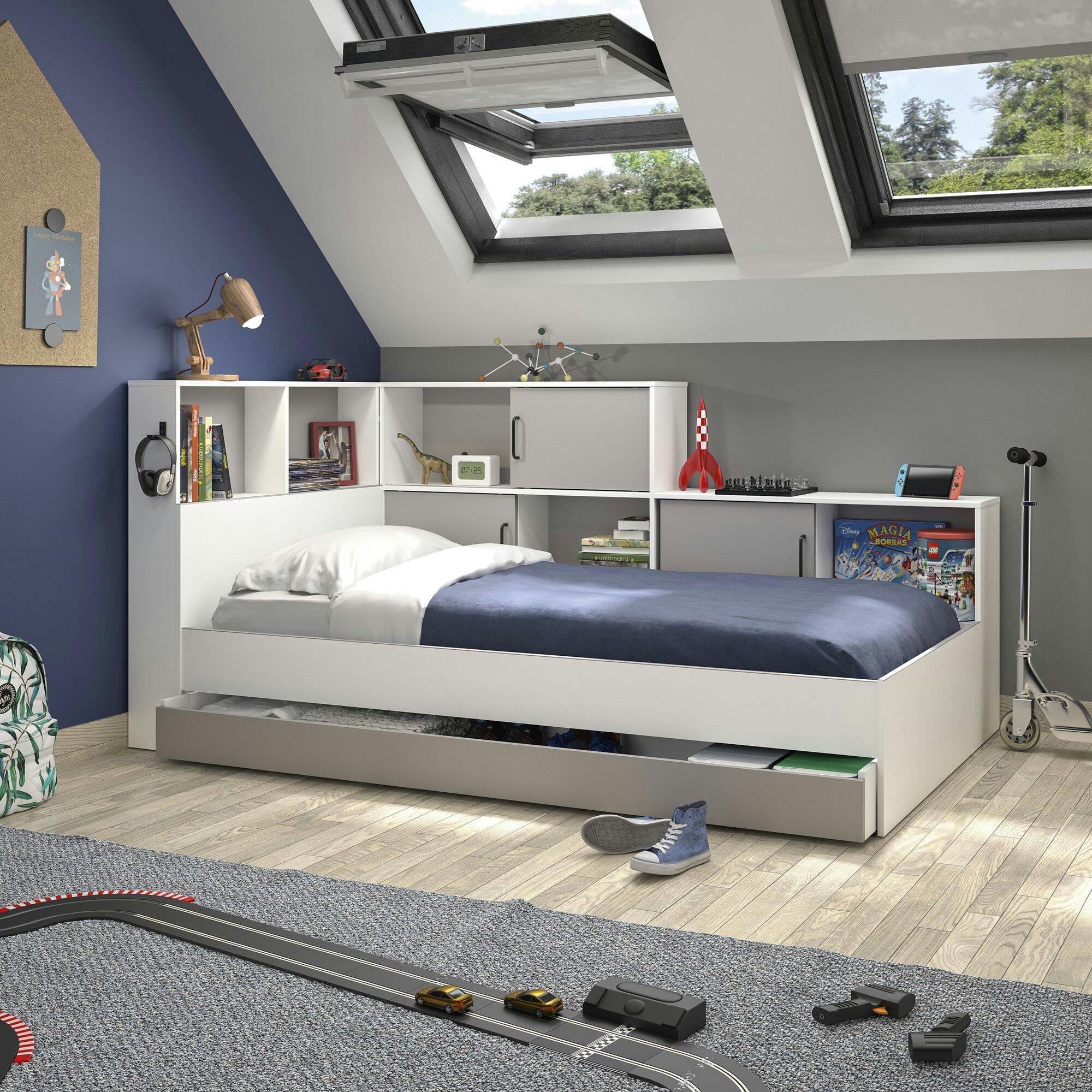 GABIN - Lit effet bois blanc/gris 90 x 200 cm