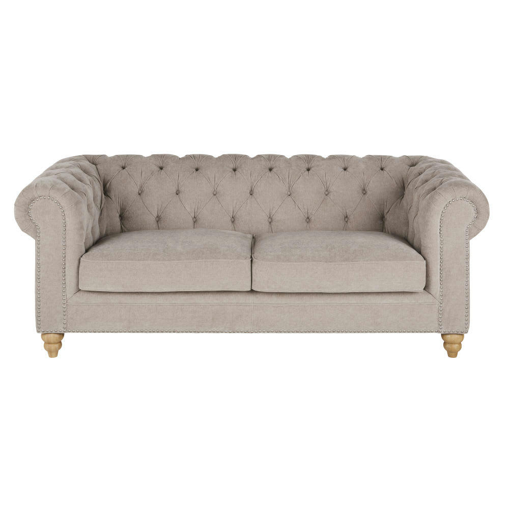 Chesterfield - Canapé 3/4 places en velours beige rosé