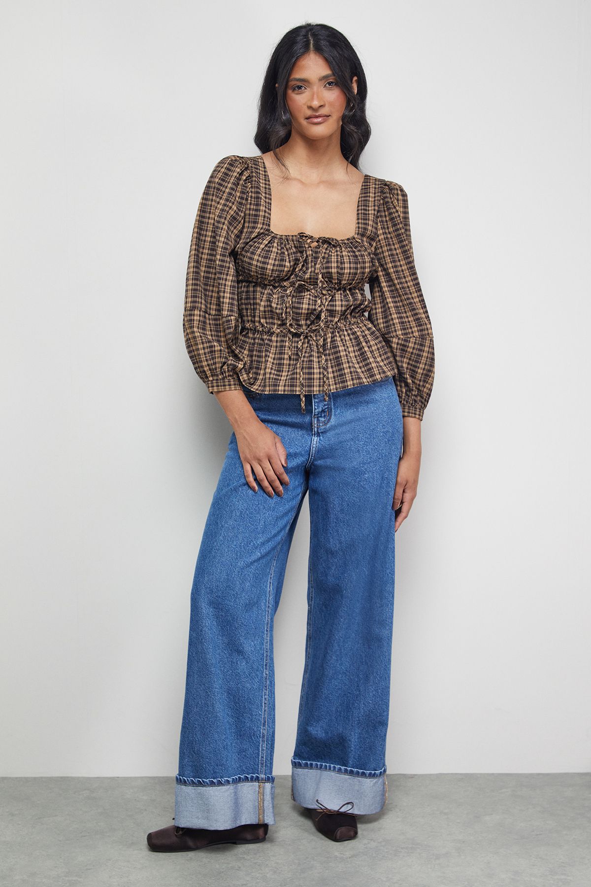 Warehouse Check Tie Front Square Neck Blouse