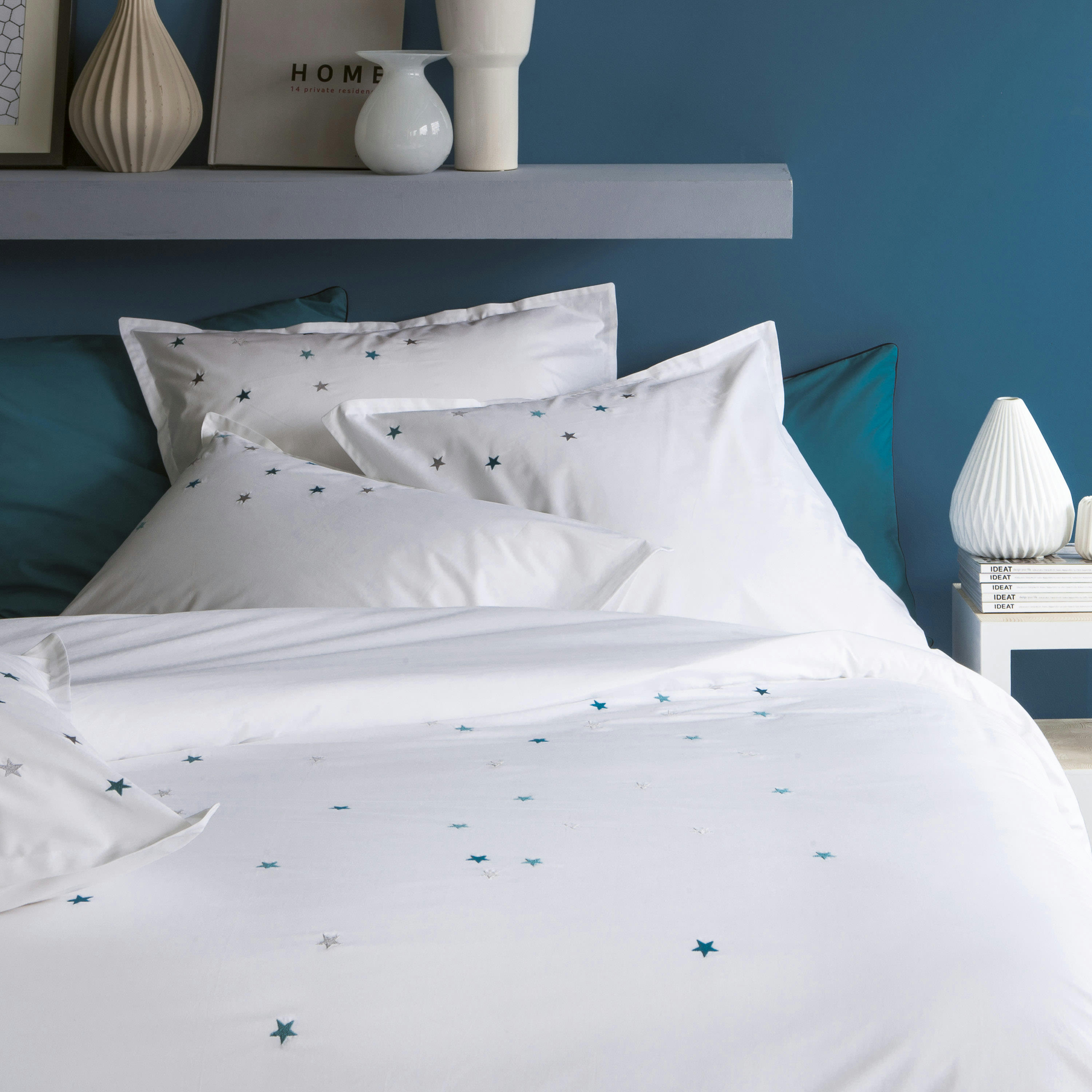 SONGE D'UNE NUIT D'ÉTÉ - Housse de couette brodée percale 140x200cm Blanc/bleu
