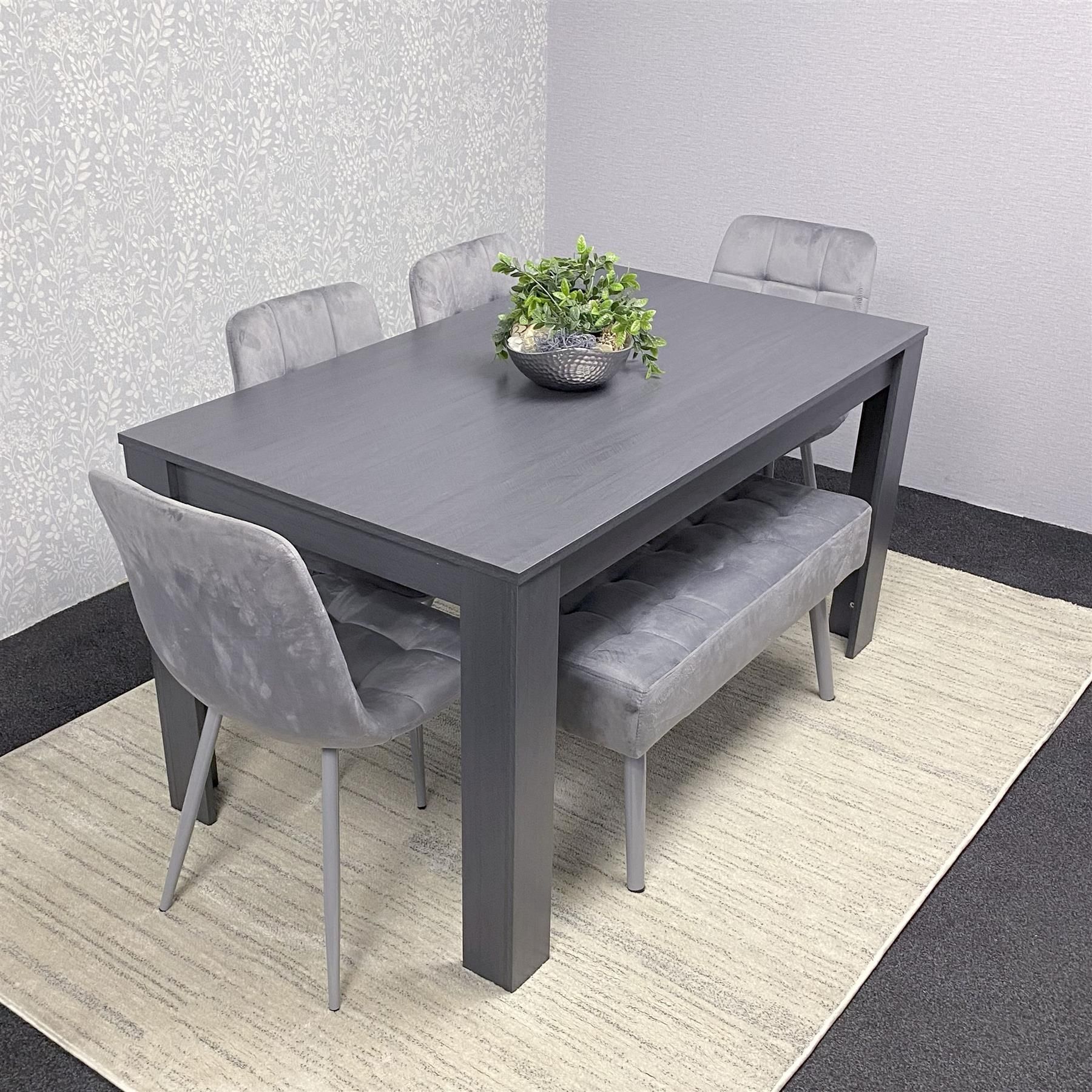 KOSY KOALA Dining Table and 4 Chairs With Bench Dark Grey, 4 Grey Velvet Chairs Wood Dining Set Furniture