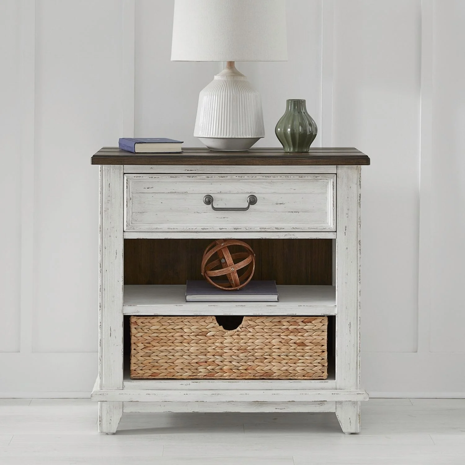 River Place Riverstone White & Tobacco Nightstand with Charging Station