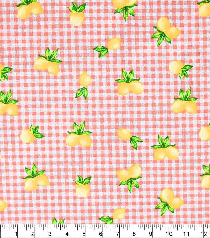 Lemons On Pink Gingham Novelty Cotton Fabric
