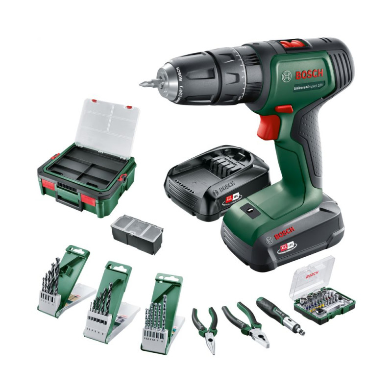Perceuse visseuse à percussion sur batterie Universal Impact avec accessoires 18 V BOSCH