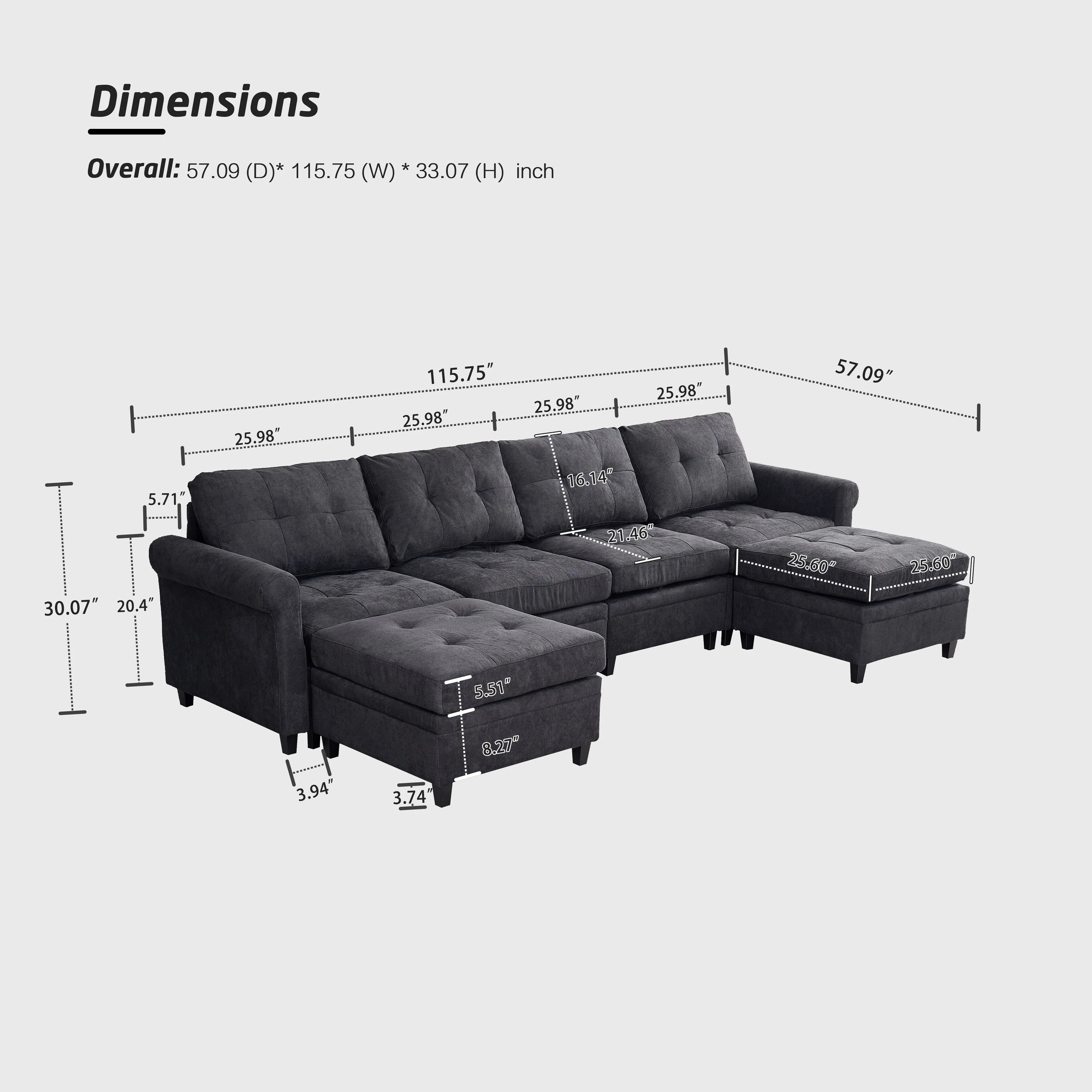 115.75'' 6-Seater U-Shaped Sectional Sofa with Storage and Dual Chaise, Perfect for Living Room with Easy Assembly