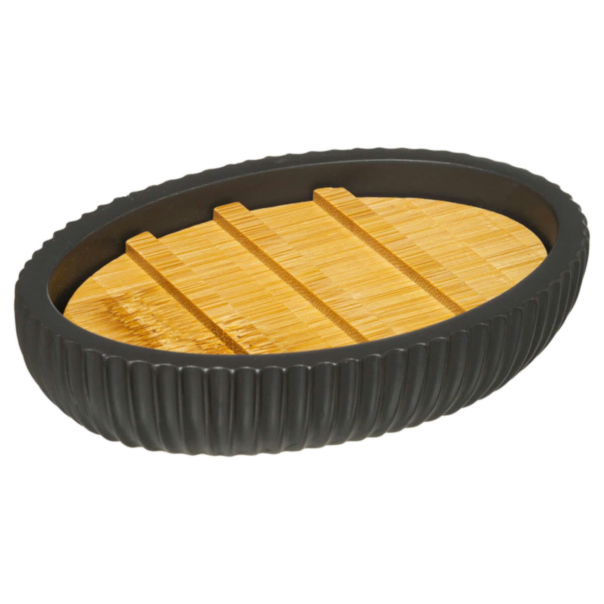 - Porte savon polyrésine noir et bambou - 12.5x9x2.5cm