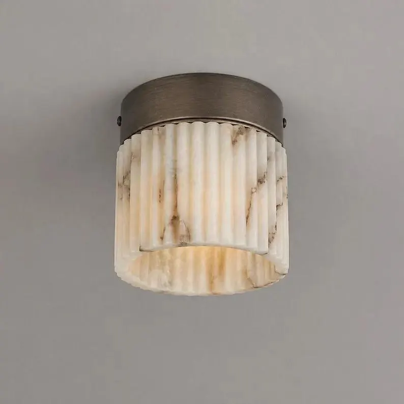 Modern Alabaster Flush Mount Ceiling Light, Polished Chrome Marble Texture Shade Brass Ceiling Light t for Living Room & Bedroom