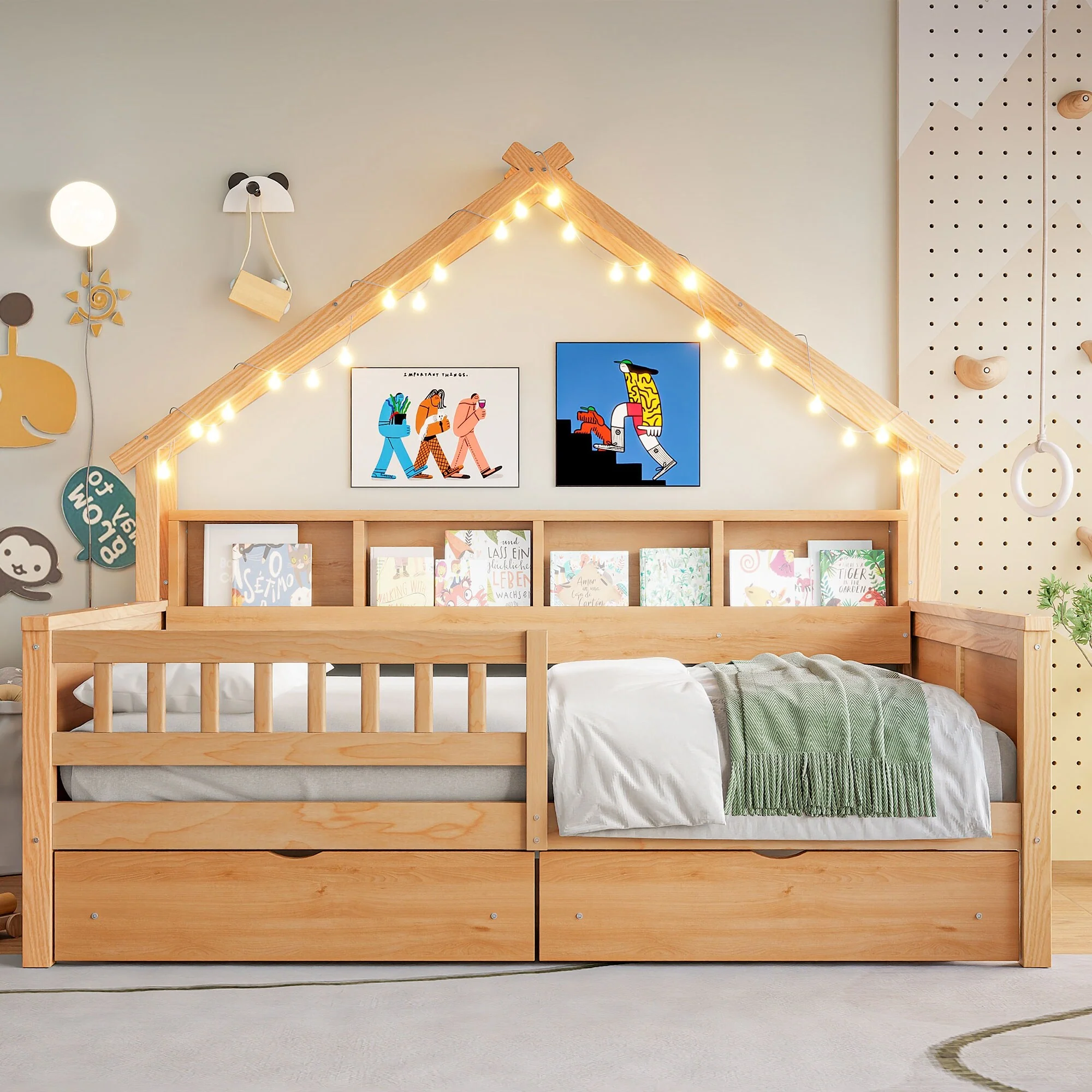 Full-Size Wooden House Platform Bed with LED Lighting‌ – Includes Storage Shelves, Drawers & Guardrail .