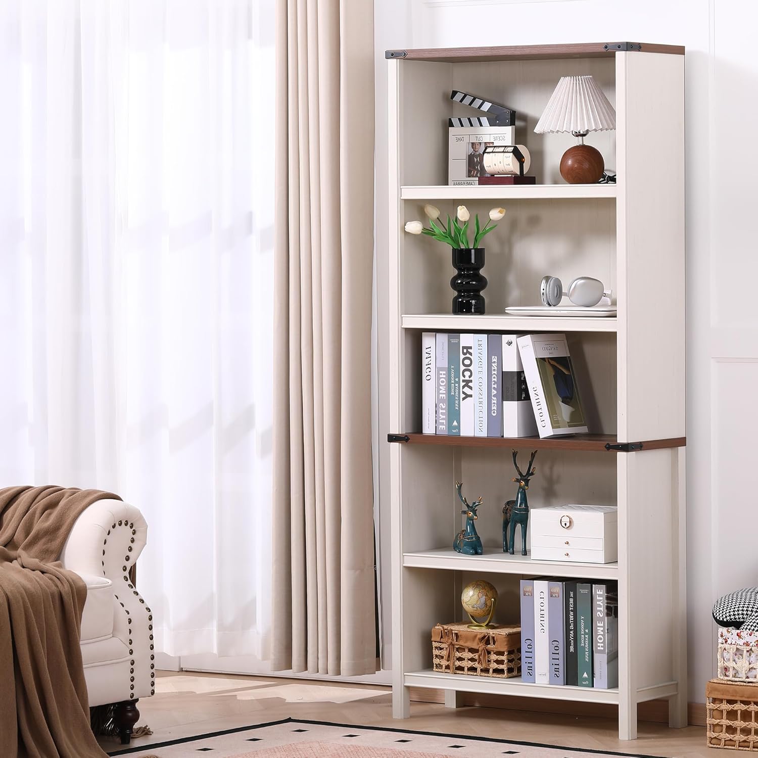 71 Tall Bookshelf, 5-Tier Farmhouse Bookcase, Free Standing Display Shelf & Storage Organizer for Living Room, Home Office, Bedroom,Antique White.