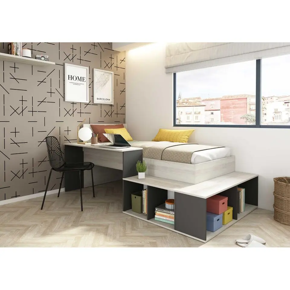 Bed Quinn 90x200 cm met bureau en opbergruimte - grenen/grijs