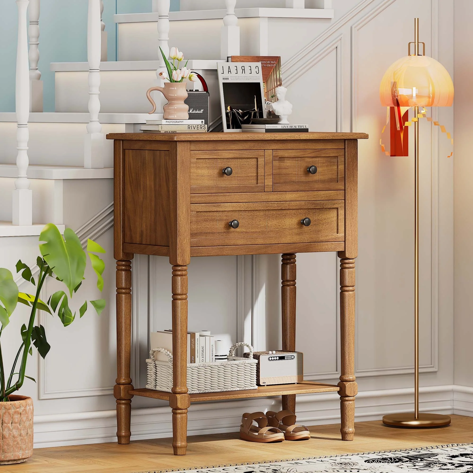 Narrow Console Table with Drawers and Bottom Shelf