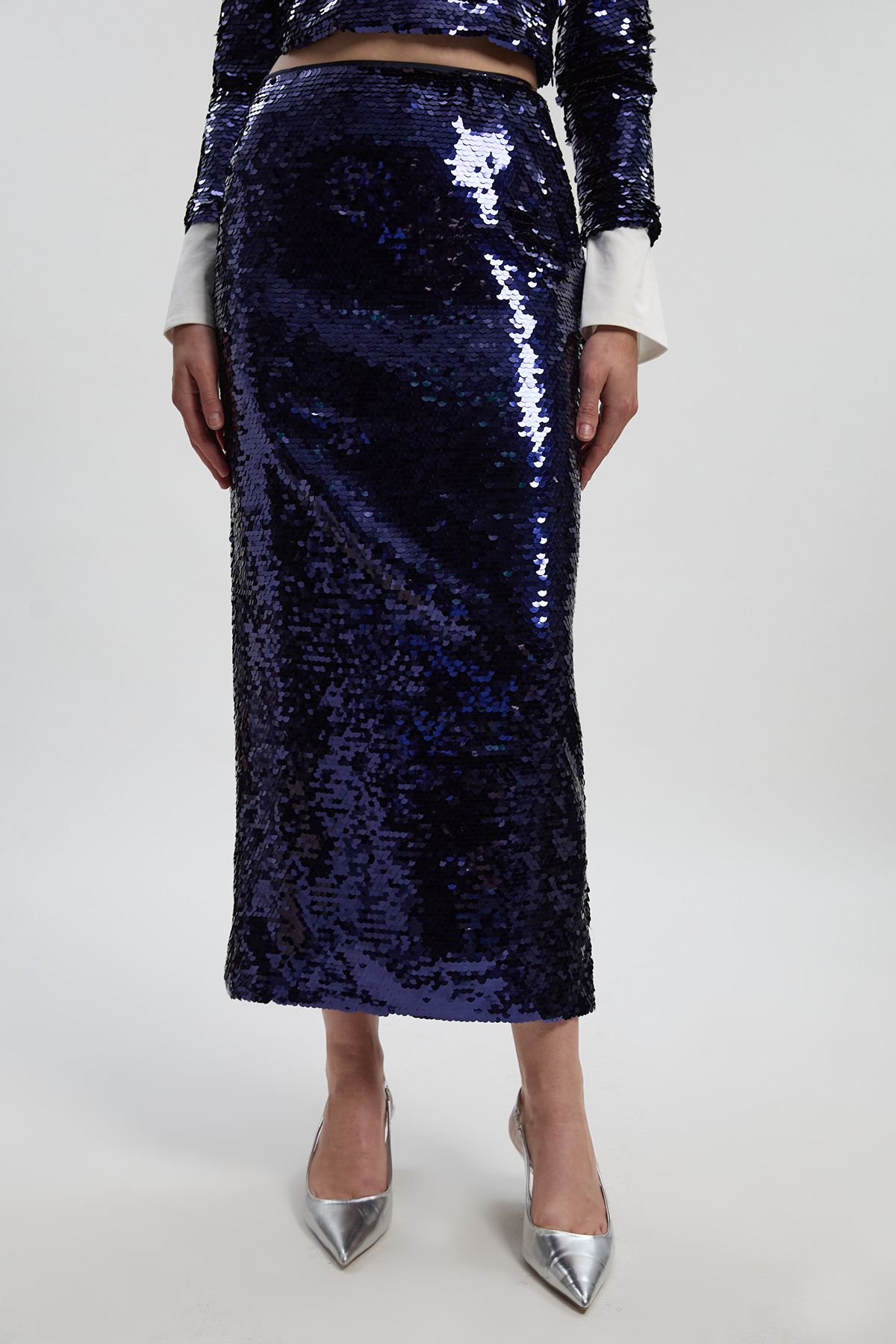 KarenMillen Sequin Front Split Woven Midi Skirt