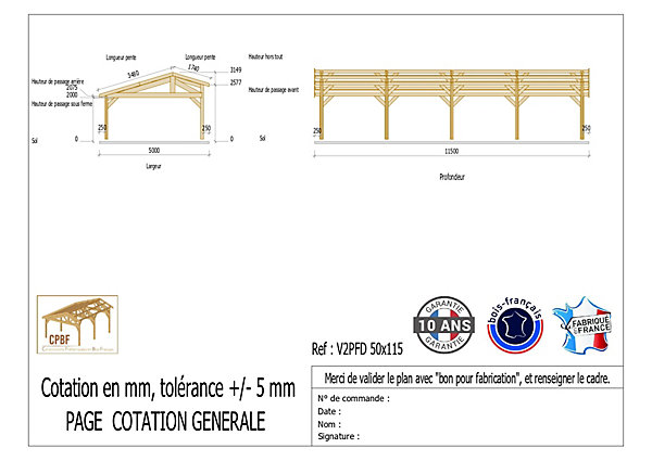 Carport 2 pentes faitage décalé 500cmx1150cm, bois DOUGLAS Français(Charpente en bois-auvent-abri voiture)57 m².Garantie 10 ans