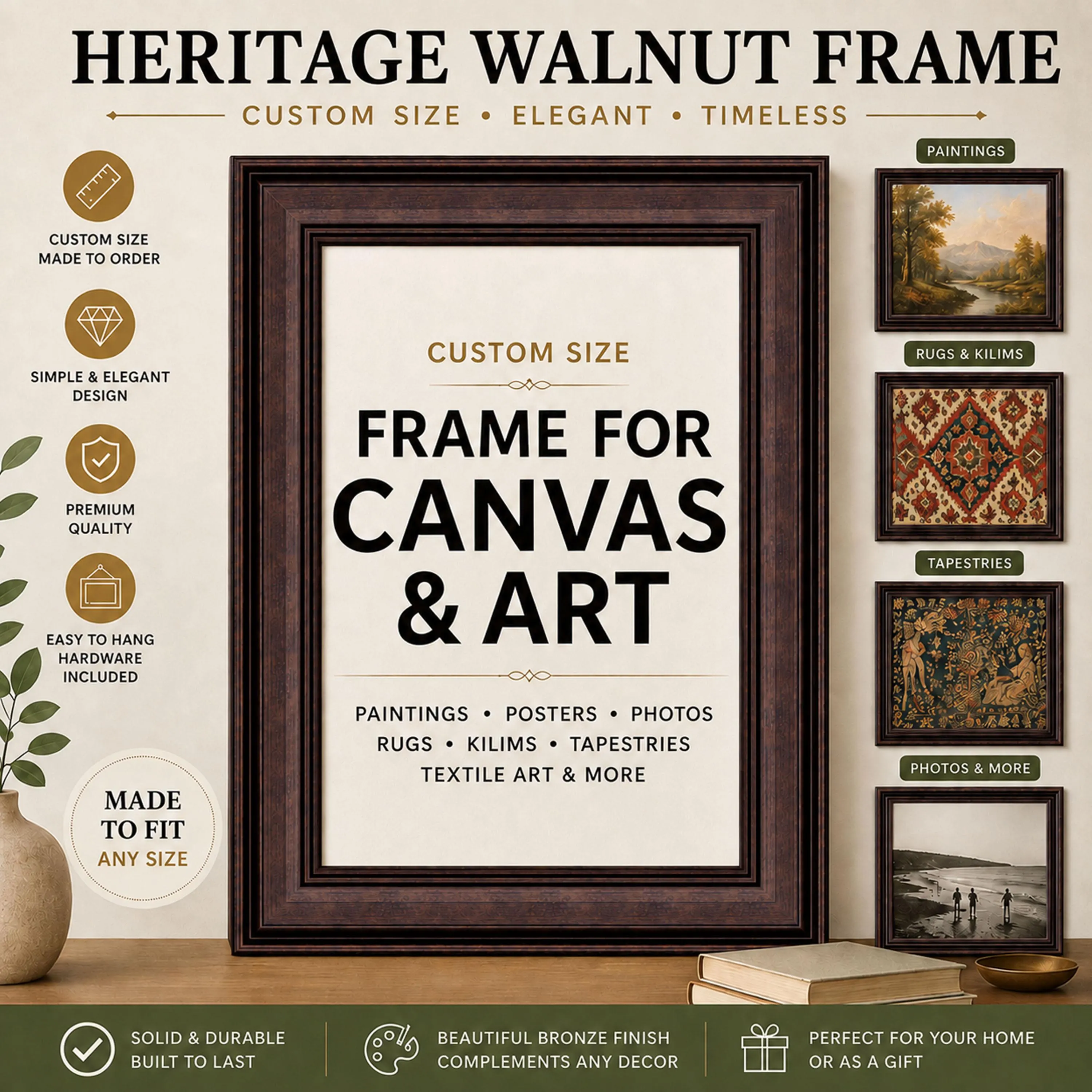 Heritega Walnut Picture, Art and Canvas Frame, Custom Size Frame for Canvas, Paintings, Posters, Photos, Rugs, Kilims & Tapestries