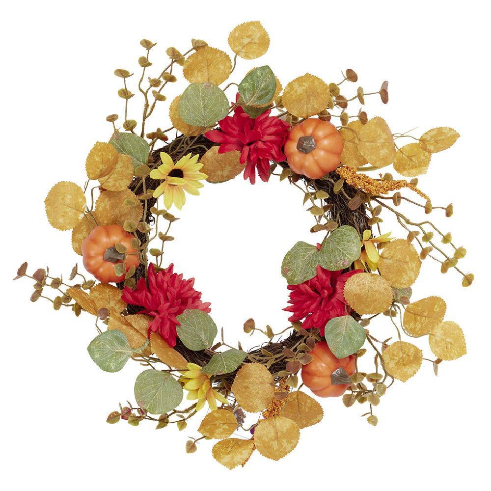 Couronne artificielle automne fleurs feuilles et citrouilles Ø45cm