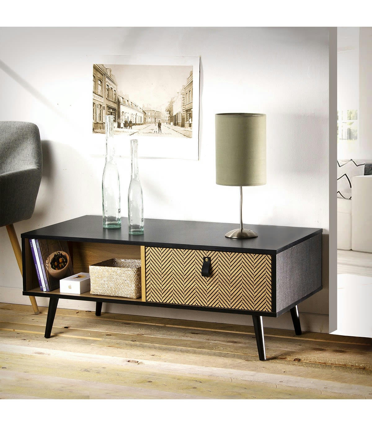 SONORA - Table basse 1 tiroir et 1 niche 100x50x40 cm naturel et noir