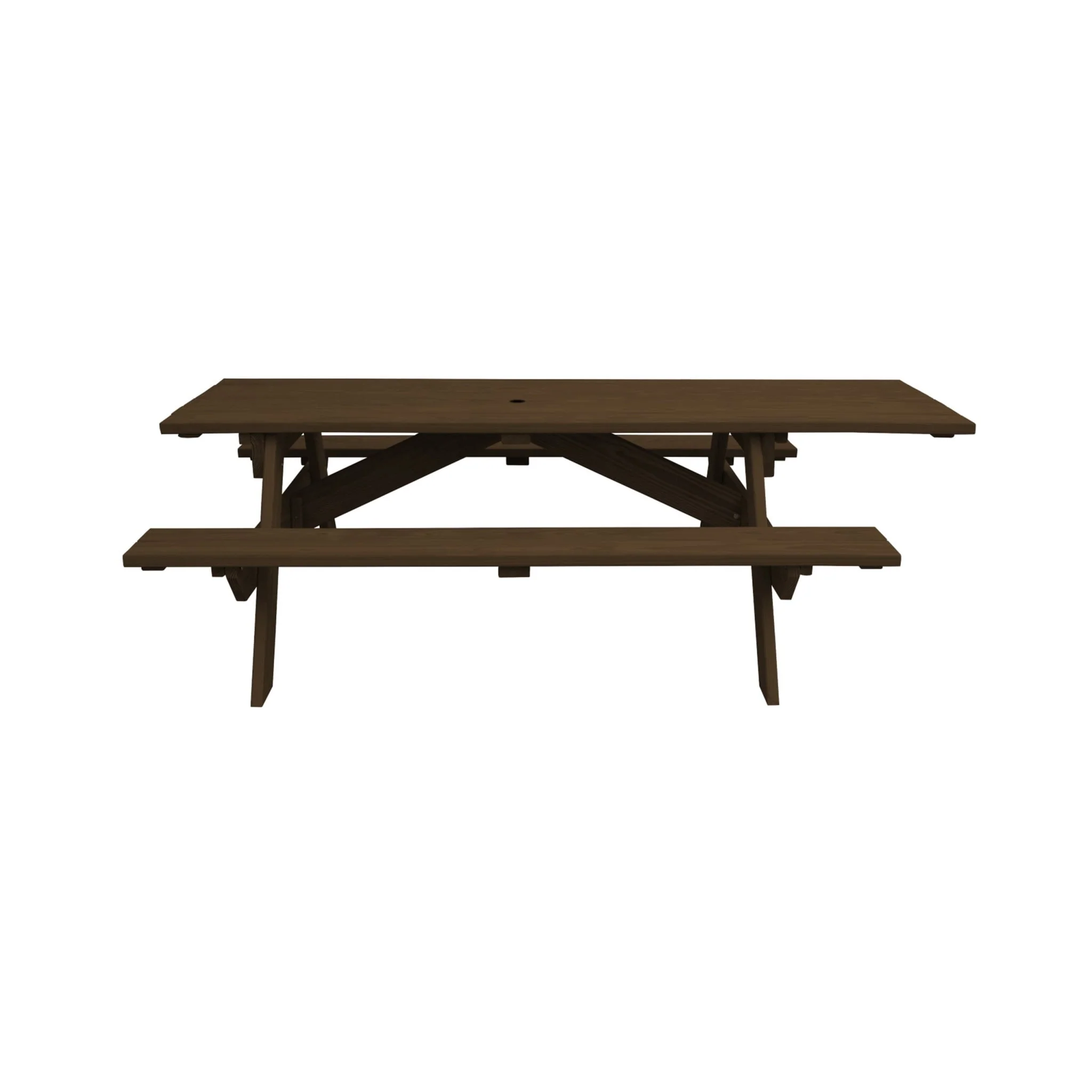 HomeRoots 94 Dark Brown Solid Wood Outdoor Picnic Table with Umbrella Hole