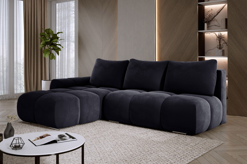 Antracytowa sofa narożna rozkładana na sprężynach ALFERIA pojemnik lewa
