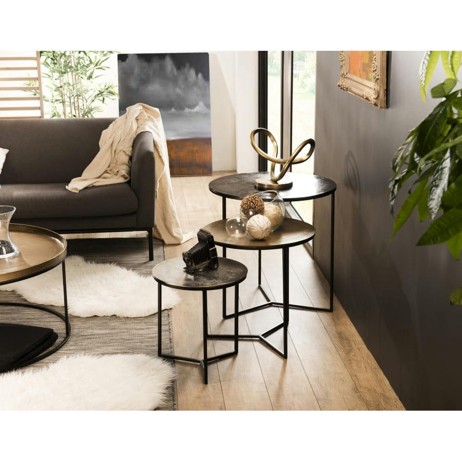 JONAS - 3 tables gigognes rondes aluminium noir doré argenté métal noir D60