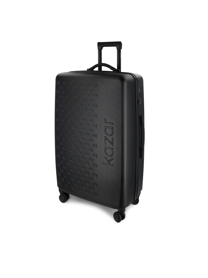 Large black suitcase with embossed pattern