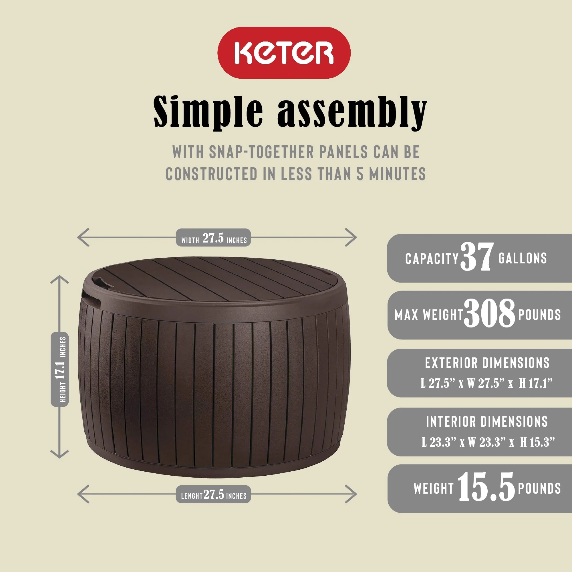 Keter Circa 37gal Round Patio Box Stylish Storage Table and Seating, Brown Resin - 27.5 x 27.5 x 17.1 inches