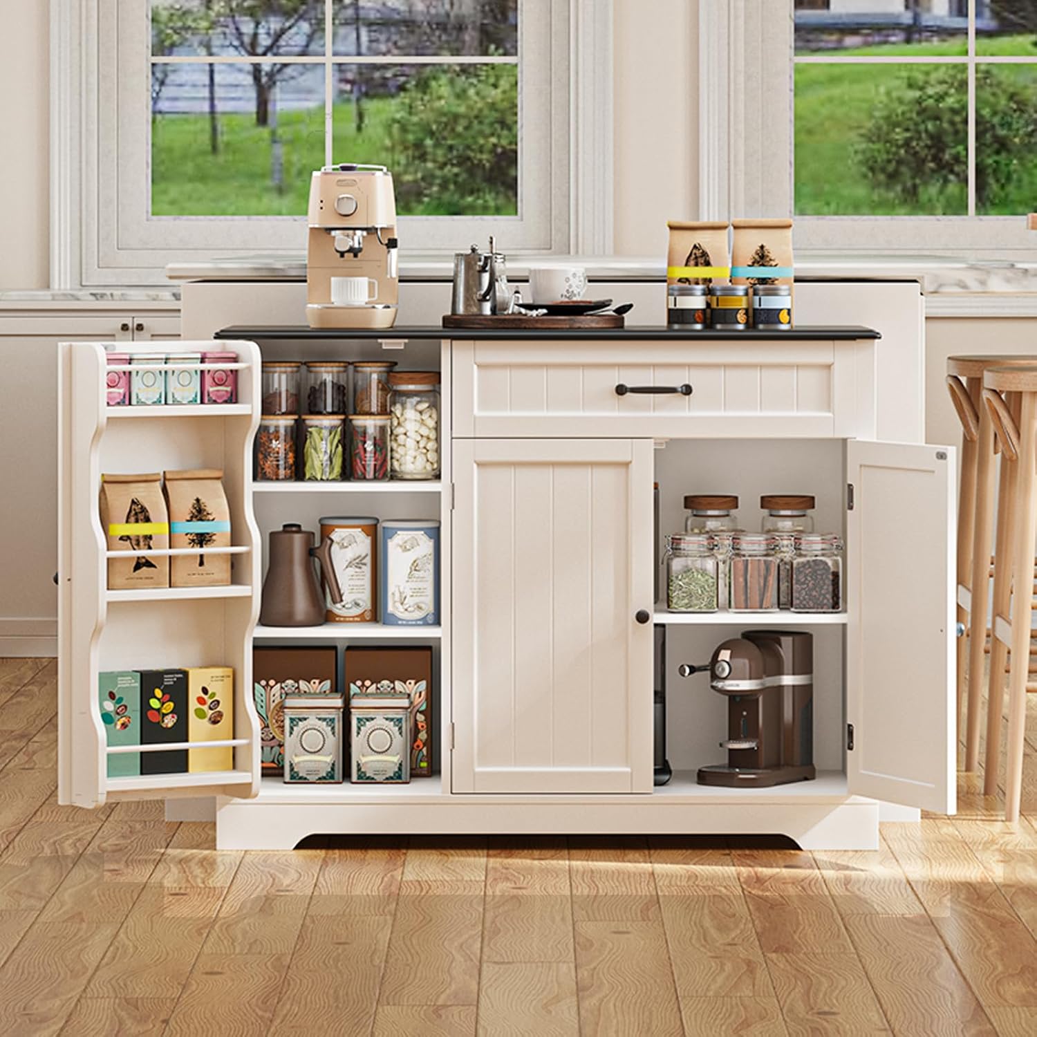 Gizoon Kitchen Coffee Bar Cabinet with Storage Kitchen Sideboard Buffet Cabinet with Drawers, Short Pantry with Door and Shelves for Bathroom and Living Room, White and Black