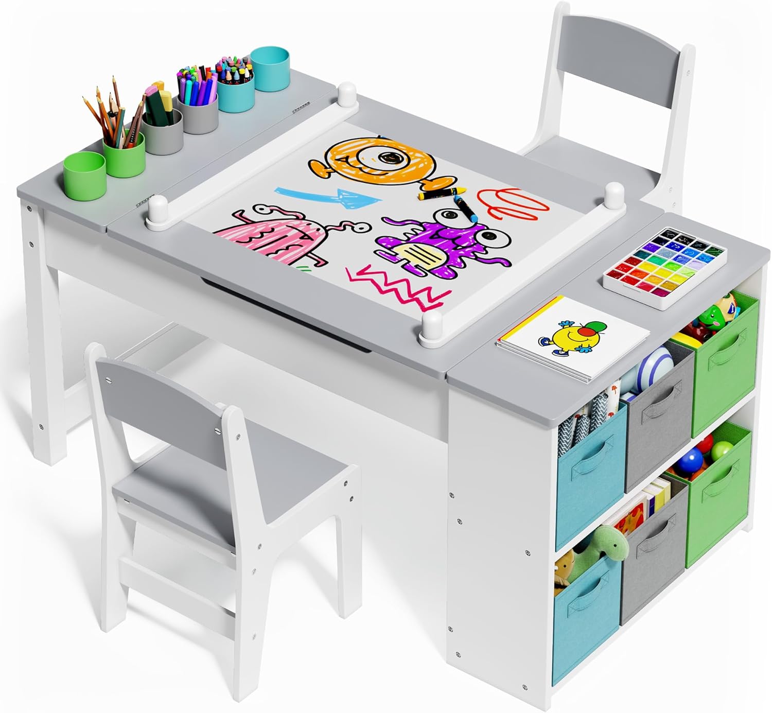 Gizoon Kids Art Table and Chairs with Removable Tabletop Storage,Toddler Craft Table and Chair Set for Drawing Studying Playing Wooden Kid Acitivity Table in Playroom Kids Room Living Room, Gray