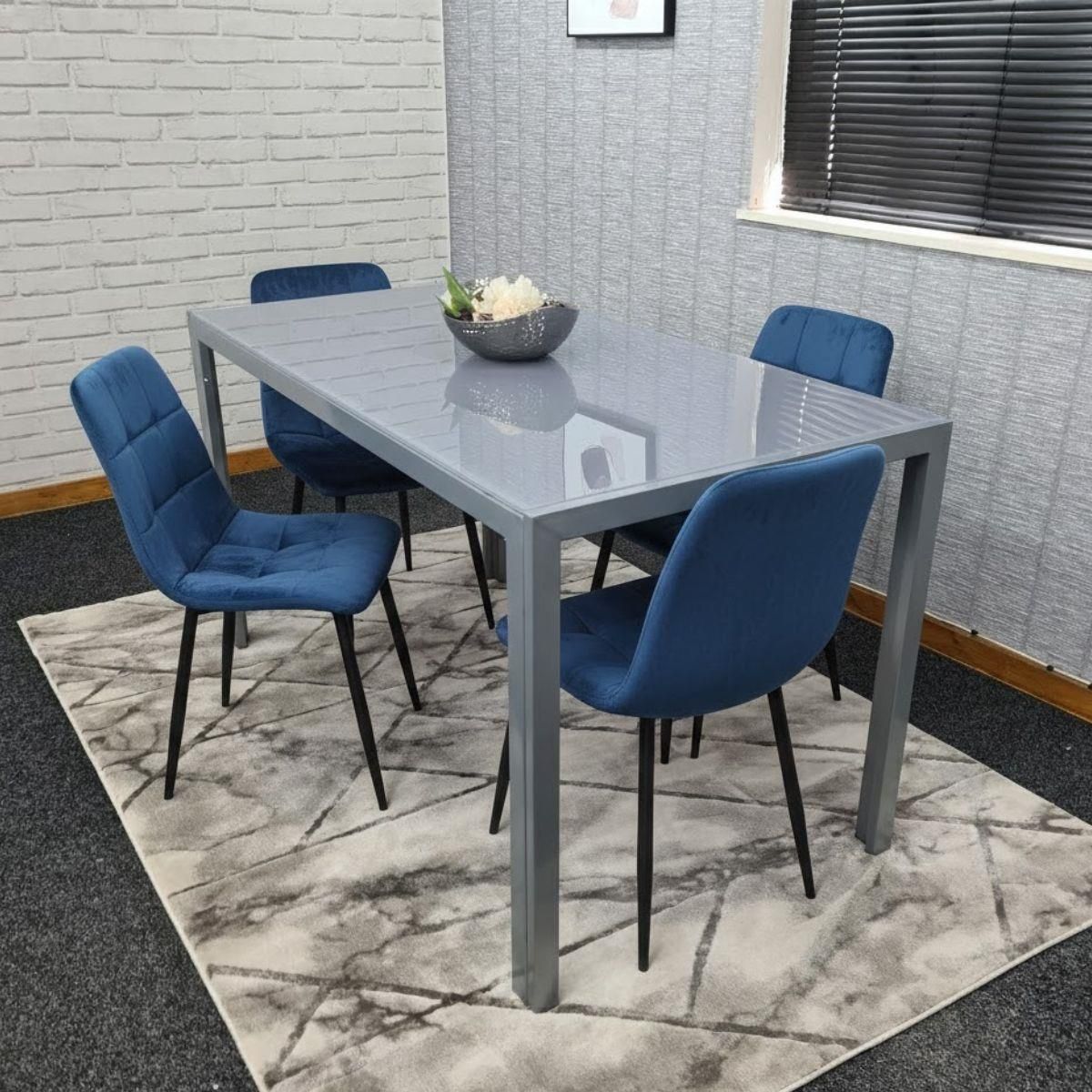 KOSY KOALA Modern Grey Glass Dining Table Set with 4 blue velvet Chairs