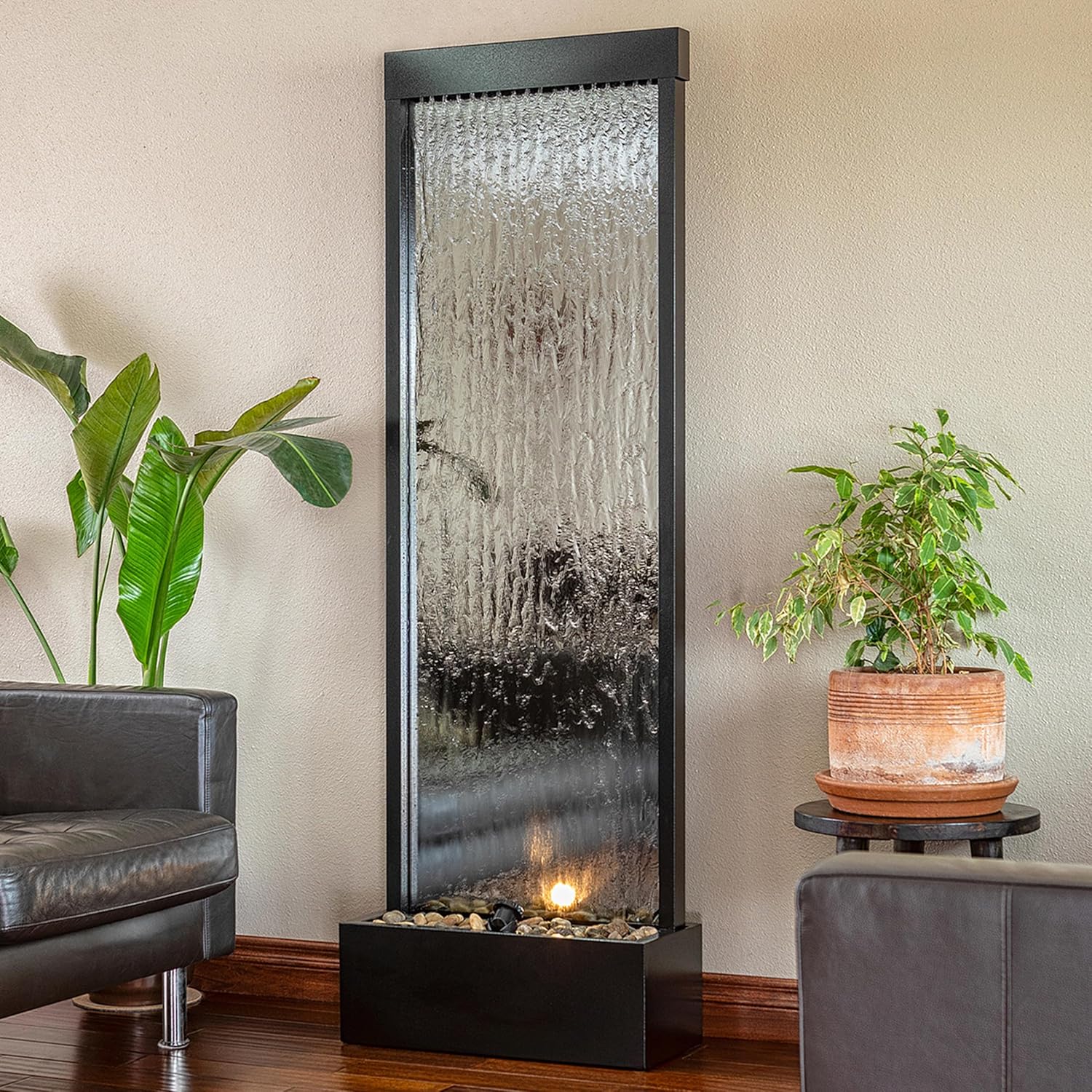 Alpine Mirror Waterfall Fountain with Stones & Lights, 72, Indoor/Outdoor Zen Decor