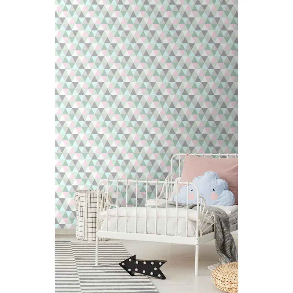 Walls4You behang grafische driehoeken groen, grijs en roze - 53 cm x 10.05 m