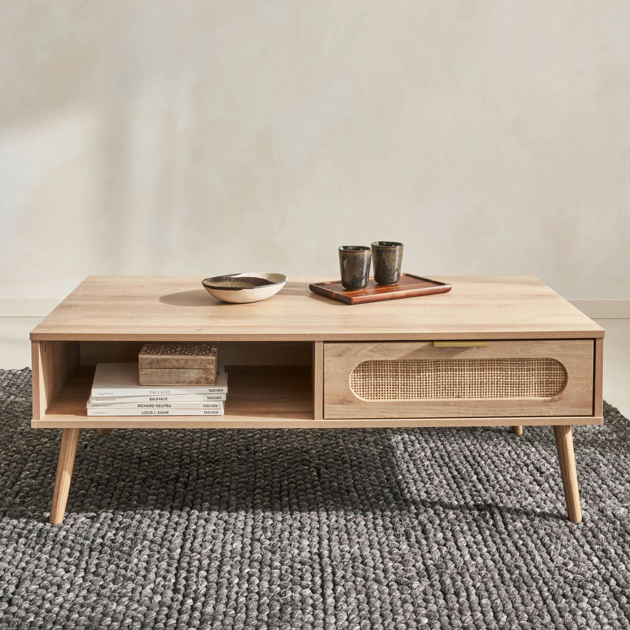 EVA - Table basse cannage arrondi, décor bois