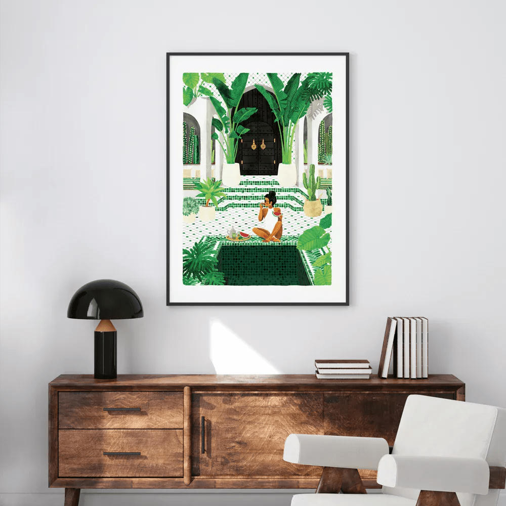 - Affiche illustrée d’un riad dans une médina au Maghreb