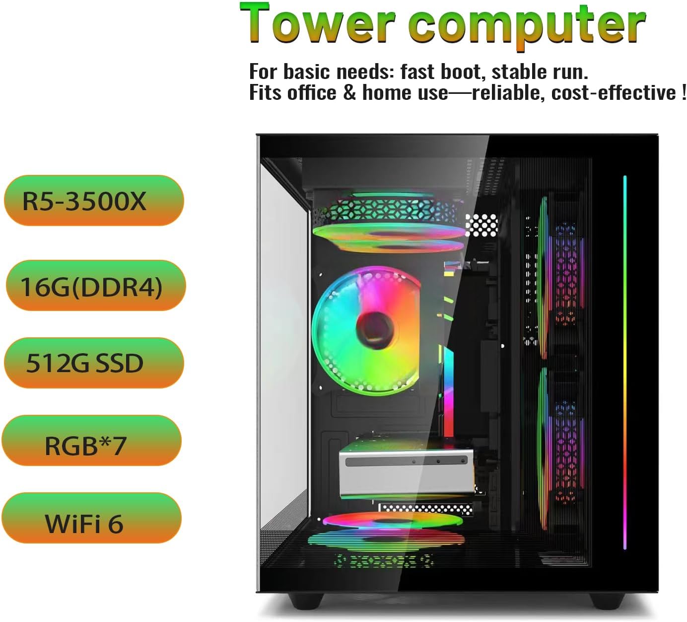 Prebuilt Gaming Desktop Computer | 16G DDR4 RAM | 512G SSD | AMD Ryzen5 6Cores 3.6G Up to 4.1G | RX 560 4G Graphics Card | Wi-Fi 6 | Gamer PC Black