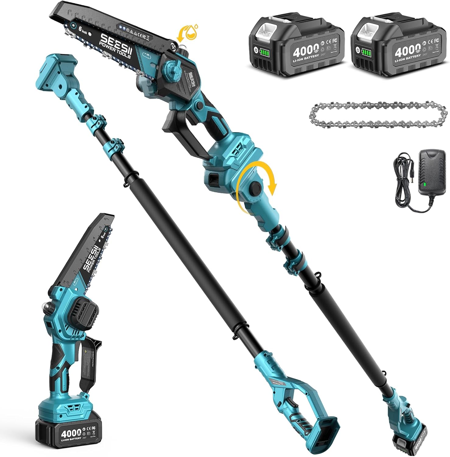 SEESII 2-in-1 Electric Pole Saws: Brushless Mini Chainsaw Cordless 6 Inch  2 x 4000mAh Batteries  Pole Saw for Tree Trimming Hand held Chain Saw with Extension Pole for Tree Limb Branch Cutter P6 Ace
