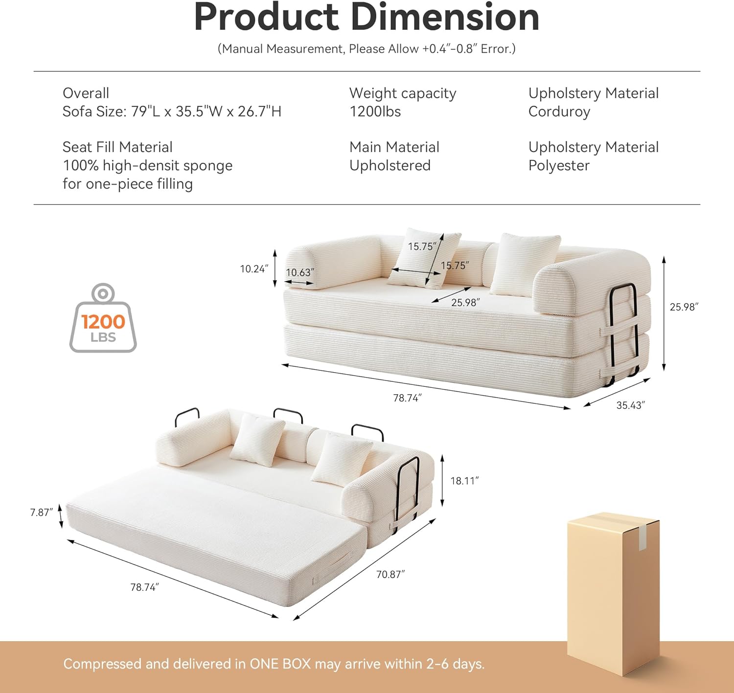 Convertible Folding Couch, 5-in-1 Futon Sofa with Armrests, Convertible Sleeper Sofa Bed Comfy Fold Out Bed for Living Room, Bedroom,Guest, Office, No Assembly Sofa for Small Spaces(Beige White)