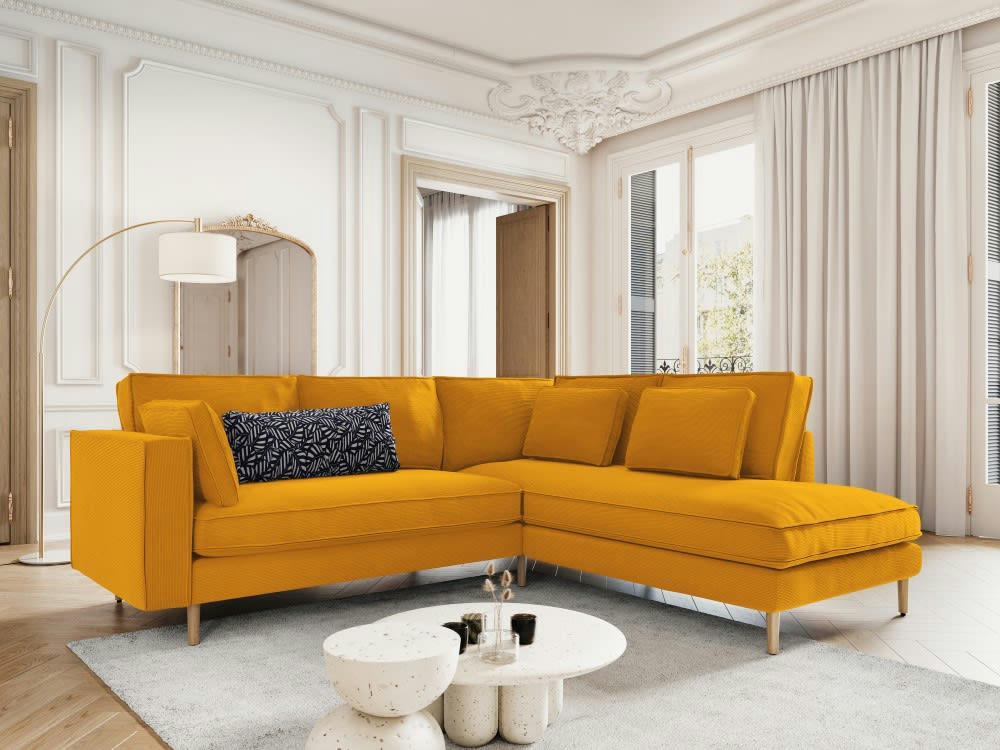 ALEXIS - Canapé d'angle 5 places en tissu structuré jaune