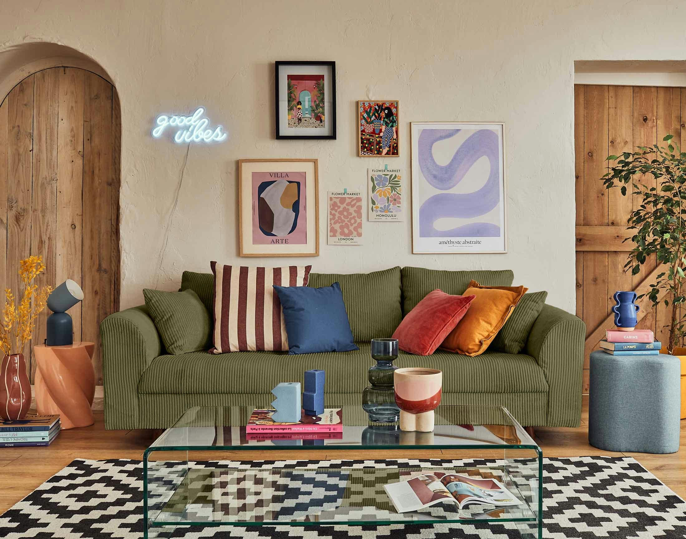 RUNE - Canapé droit 3 places en velours côtelé vert