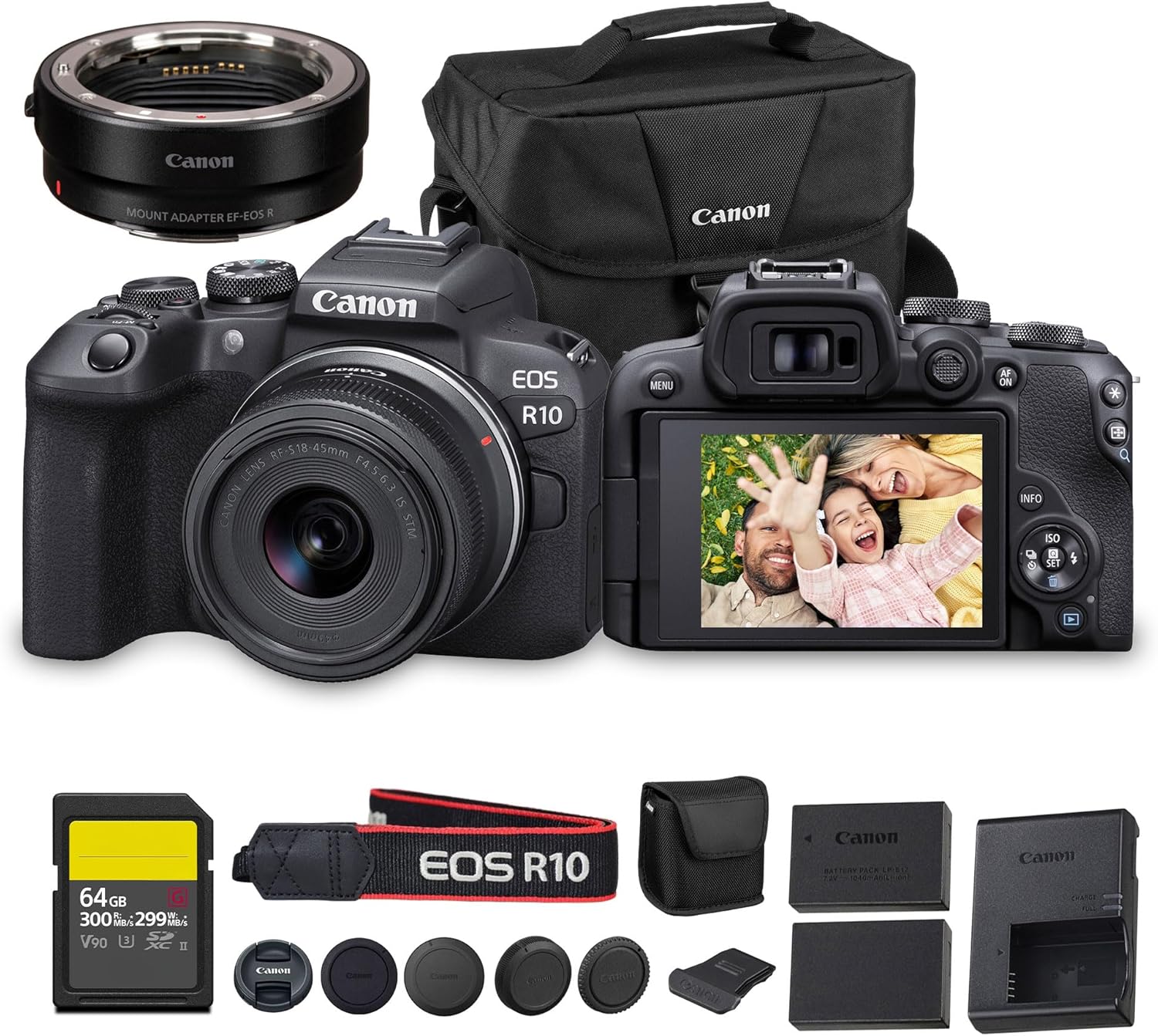 Canon EOS R10 Mirrorless Camera Kit with RF-S 18-45mm Lens | 24.2MP APS-C  4K Video  Perfect for Beginner Photographers & Vloggers (5331C009) + Adapter EF-EOS R + 64GB Card + LP-E17 Battery + Bag