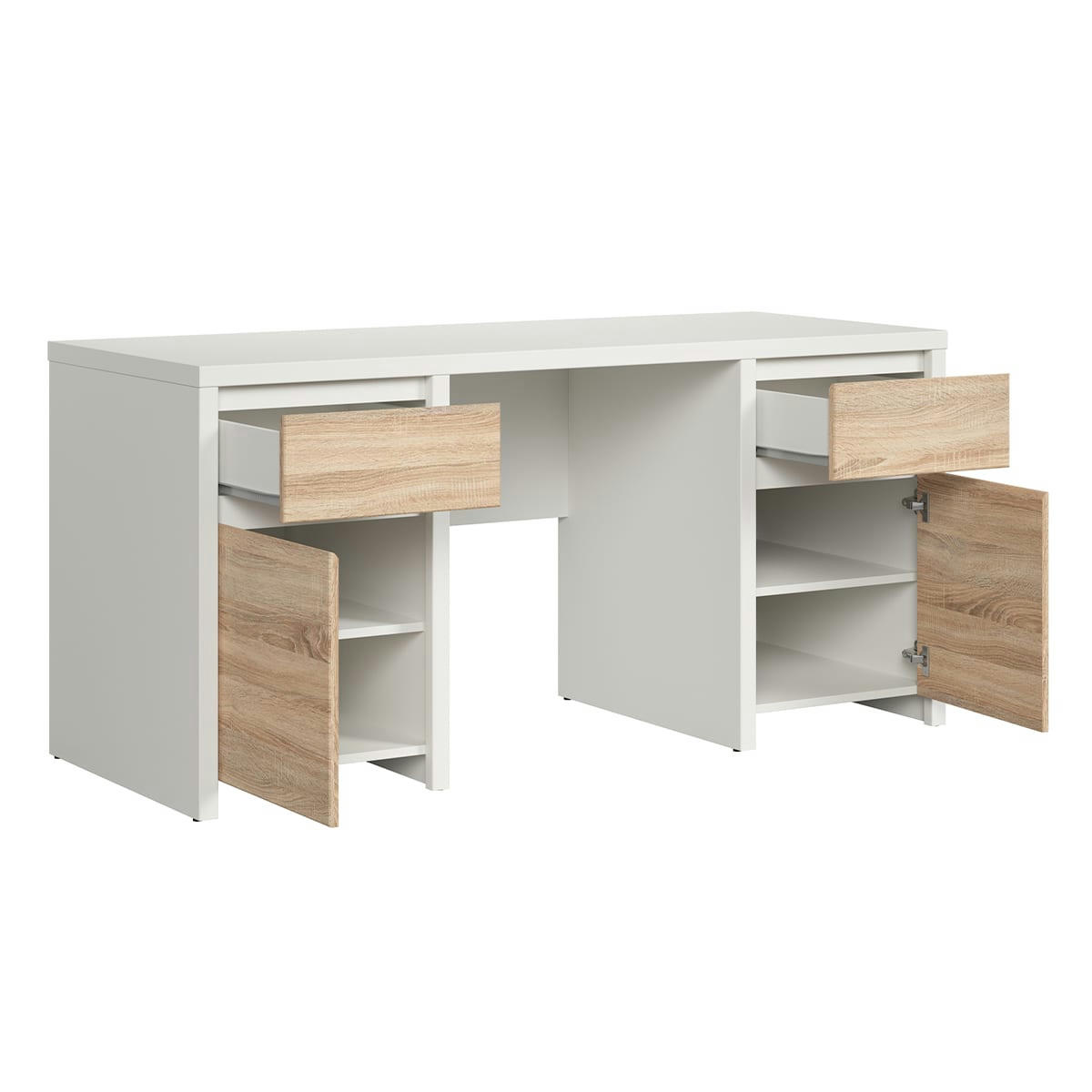 - Bureau 2 portes 2 tiroirs panneaux agglomérés naturel et blanc