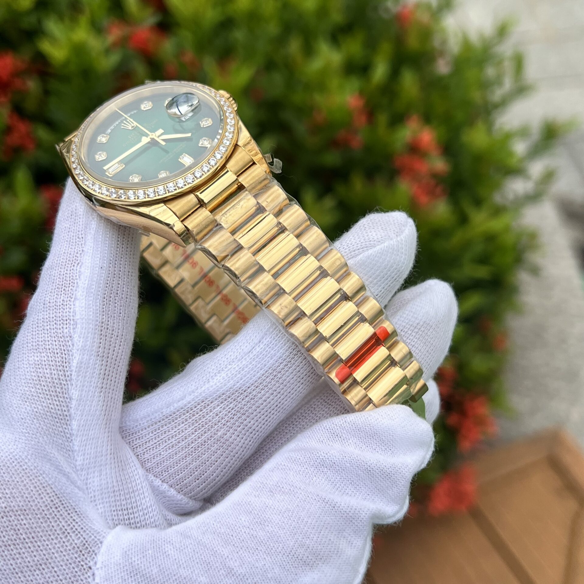 Rolex Day-Date 128348RBR YG Plated Ombre Green Dial CZ Diamonds 36mm EWF Replica
