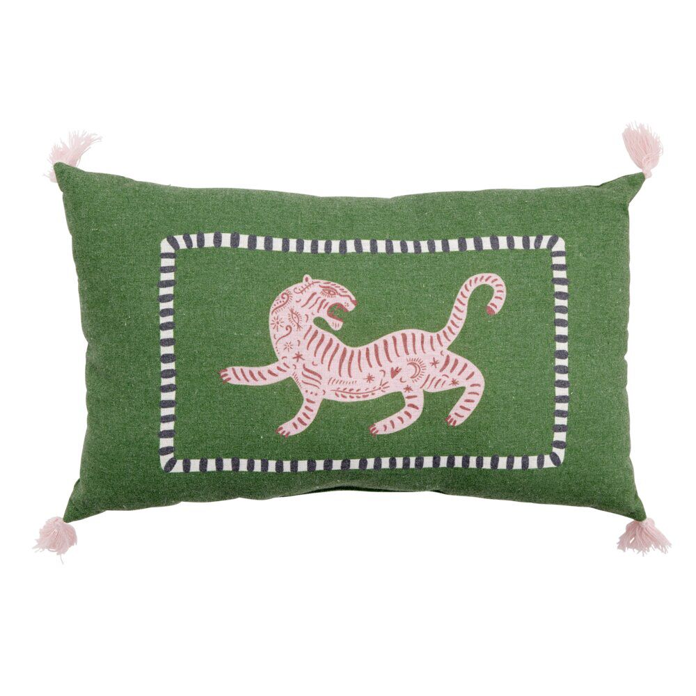 Coussin rectangulaire motif tigre vert foncé avec pompons roses 30x50cm