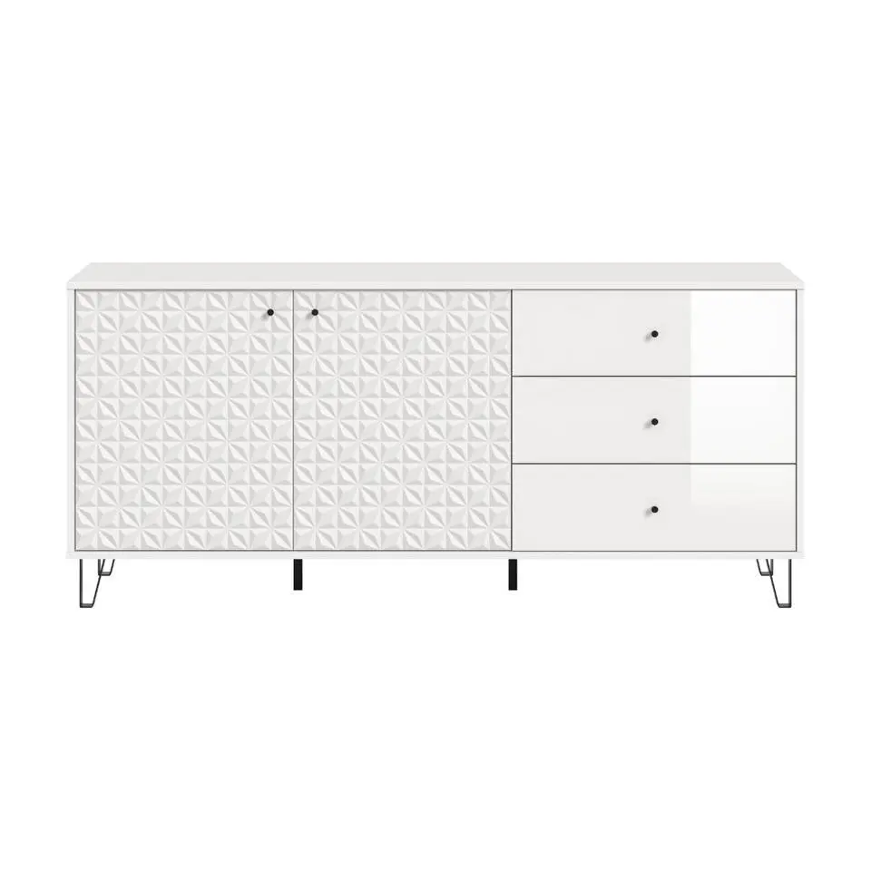 Hioshop Prisma dressoir 3 laden- 2 deuren wit- hoogglans wit