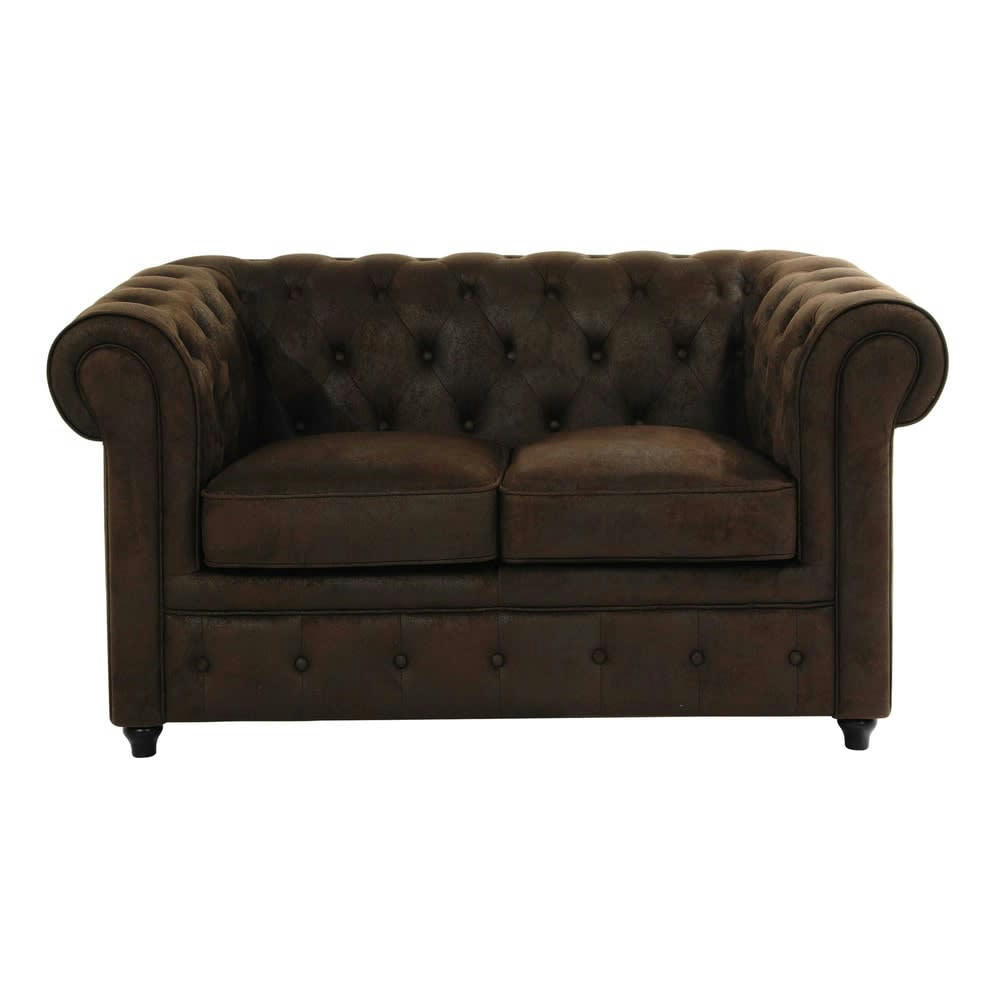 Chesterfield - Canapé capitonné 2 places en suédine marron