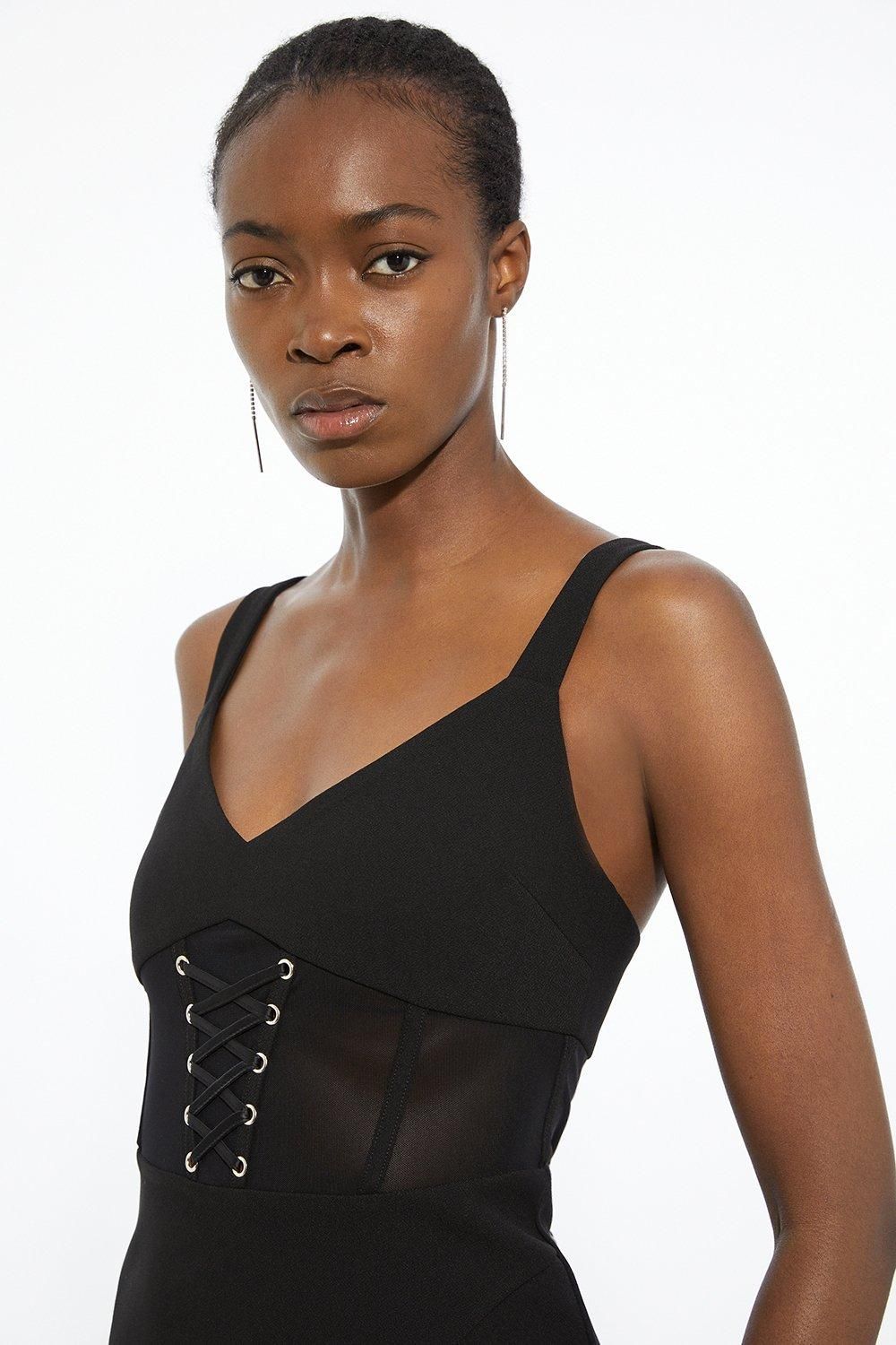 KarenMillen Figure Form Corset Detail Woven Strappy Midi Dress