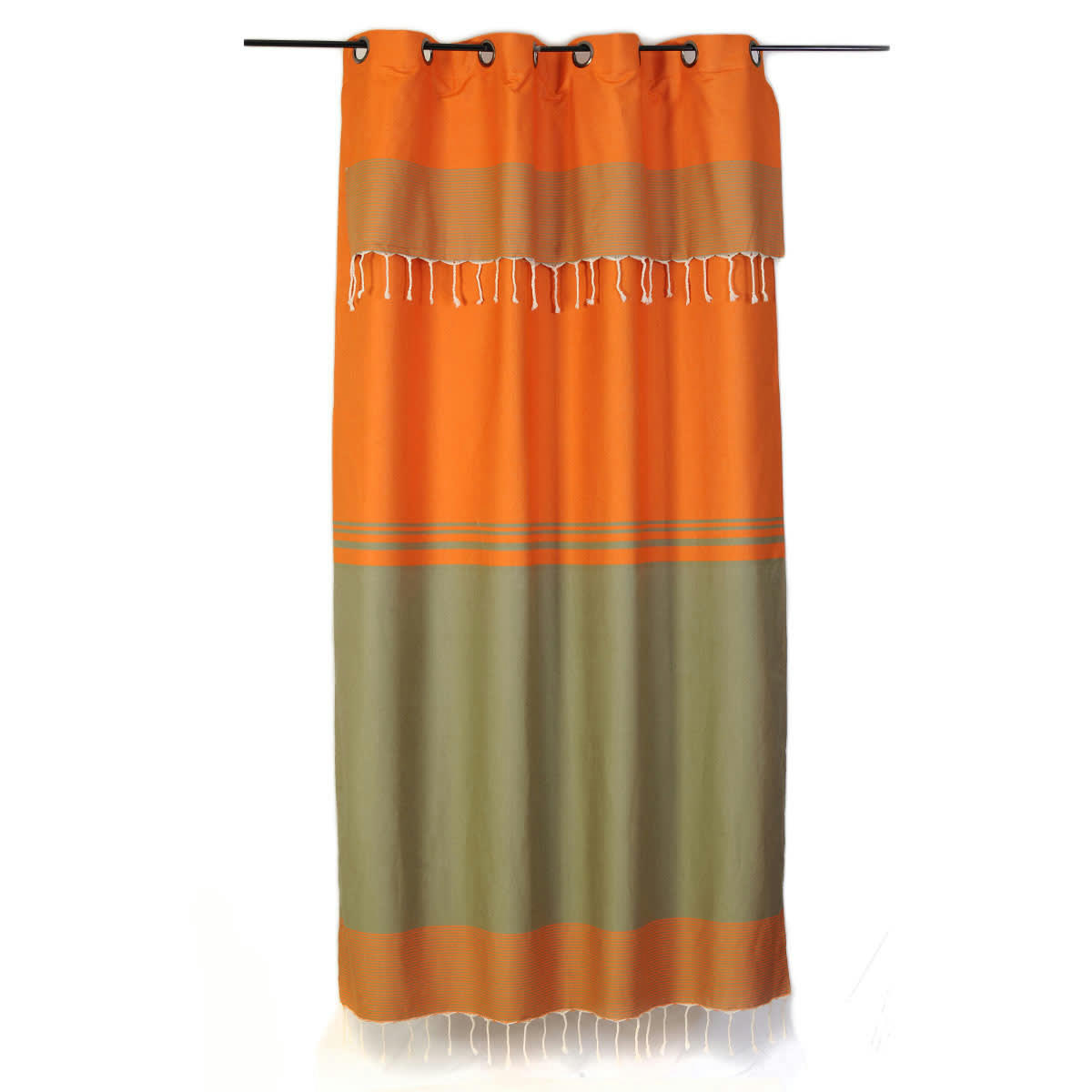 TANGER - Rideau ajustable coton rayures orange et vert 140 x 250 à 280