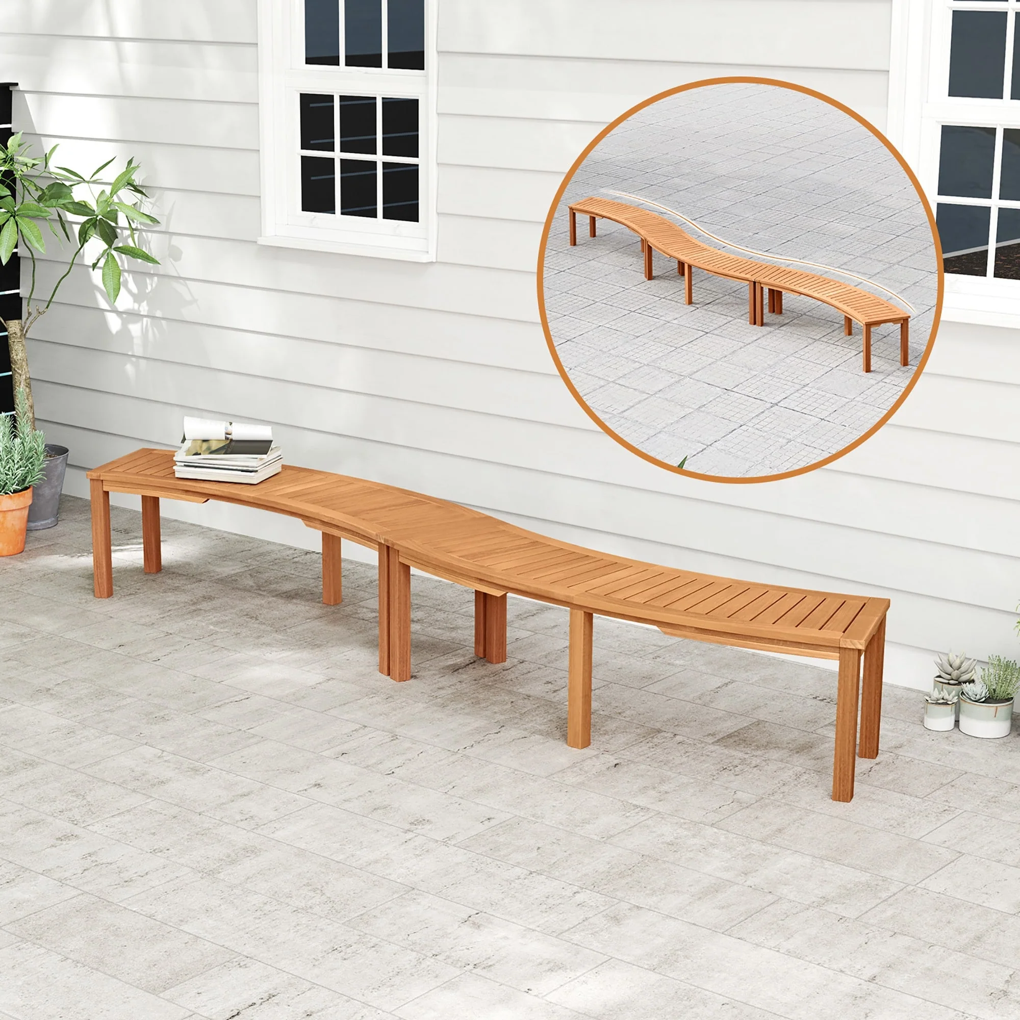 Gymax Set of 2 Outdoor Curved Bench w/ Slatted Seat Solid Acacia Wood