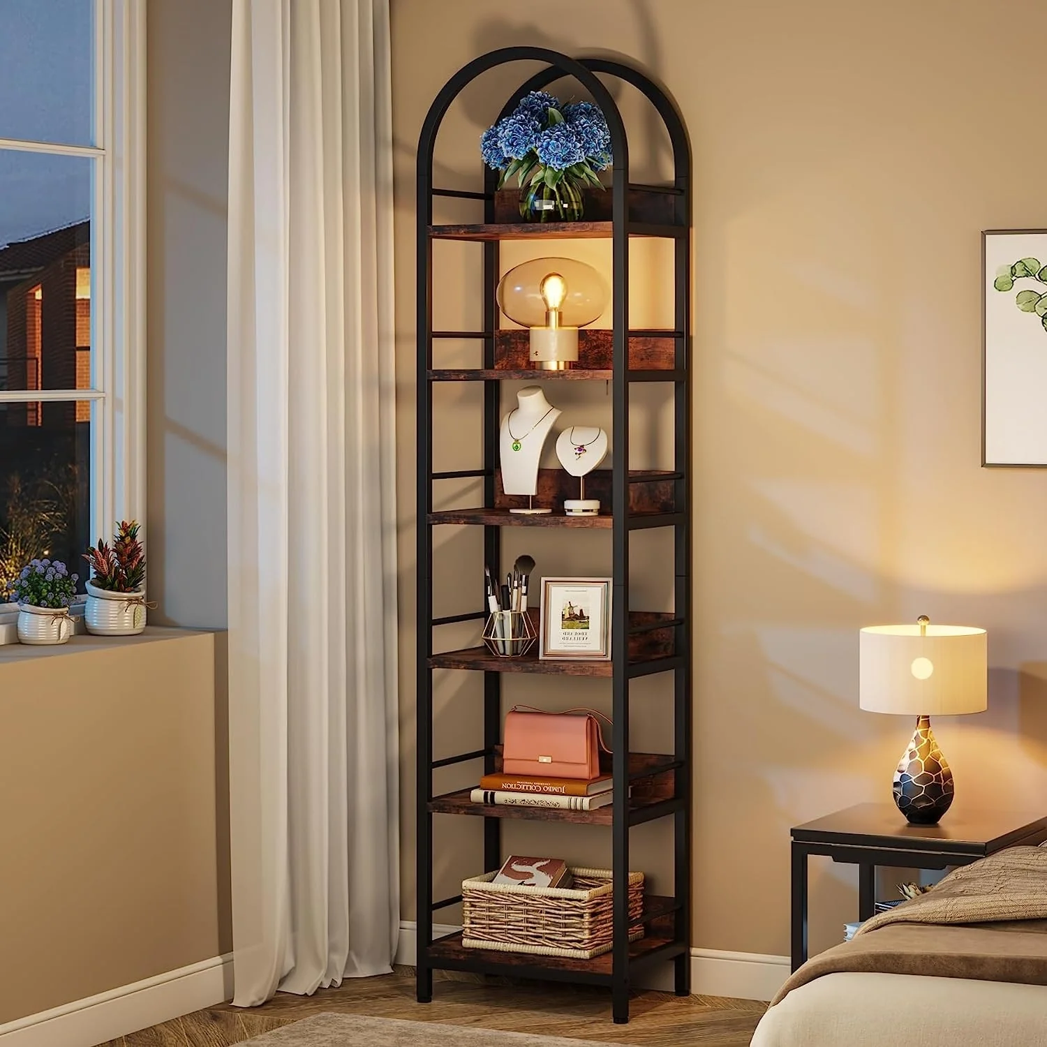 6-Tier Open Bookshelf, Tall Arched Bookcase Narrow Bookshelf