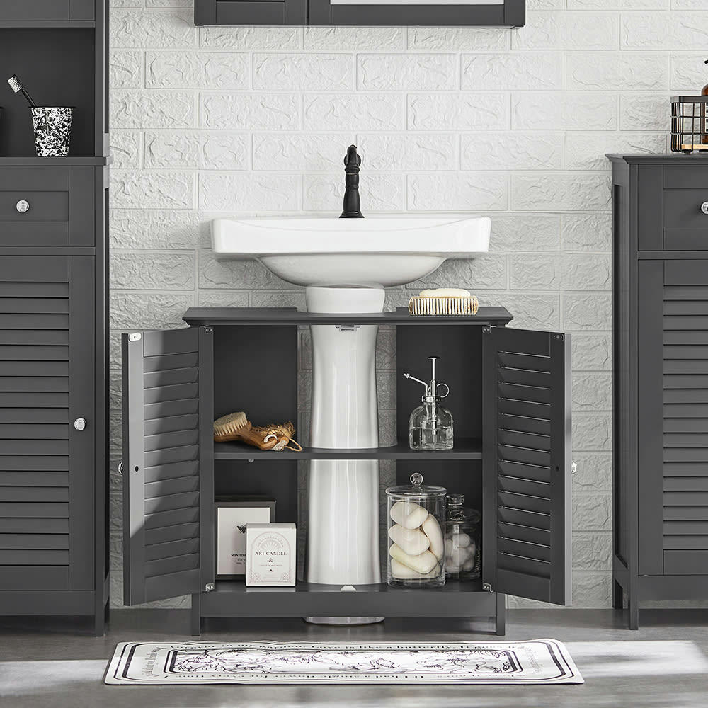 - Meuble sous-lavabo 2 portes et 2 étages effect bois gris