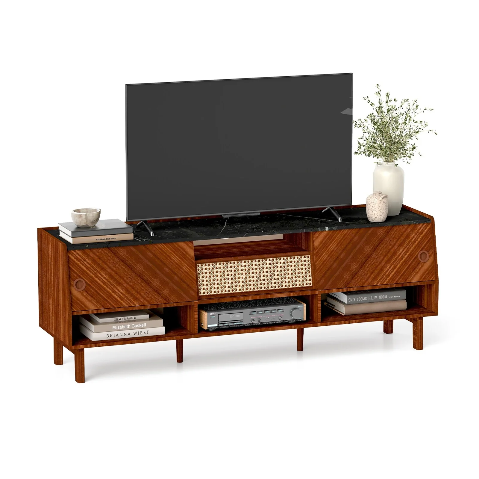 Black+Brown 67 TV Stand with Sliding Door, Rattan Drawer & Shelves for TVs Up to 75